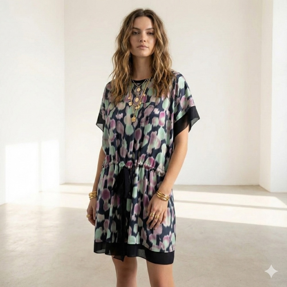 Rochas silk tie-waist abstract printed summer resort dress - size FR 42 (US 12)